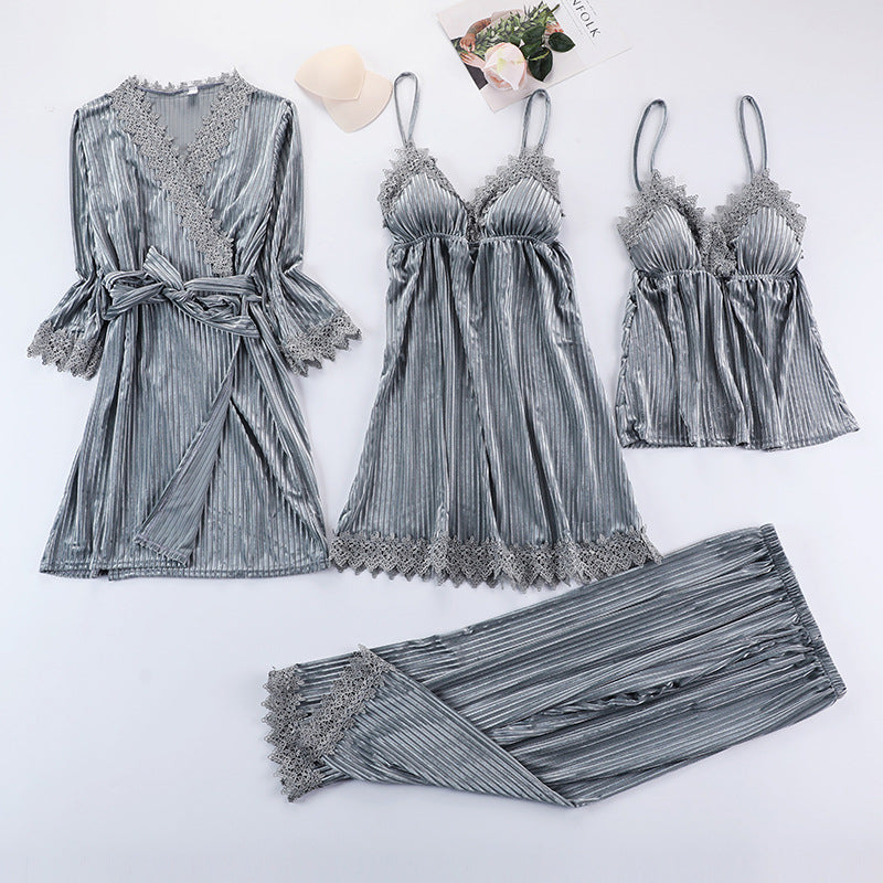 Four-piece golden velvet pajama set