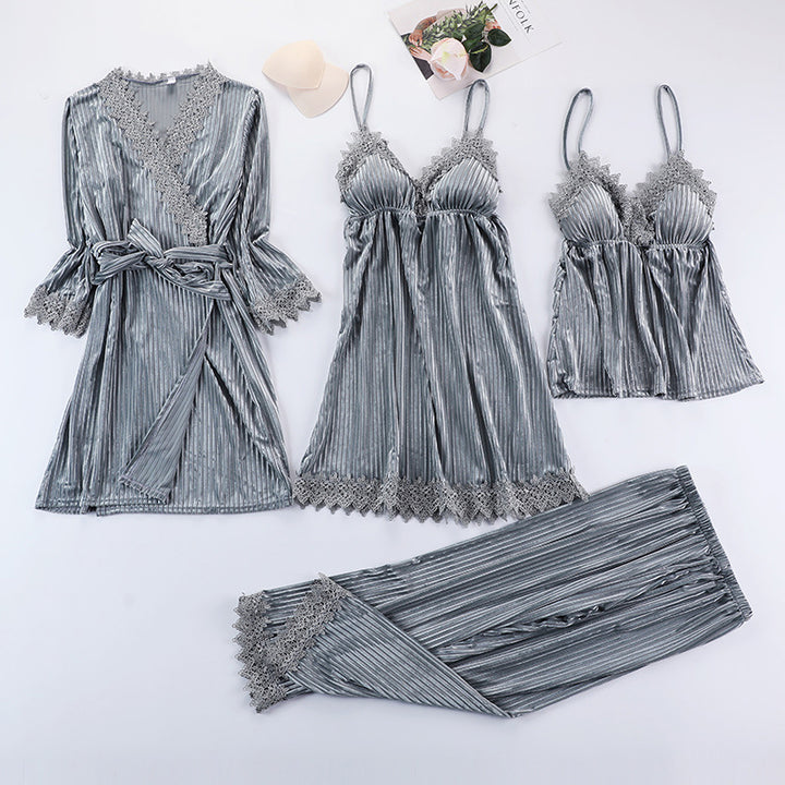 Four-piece golden velvet pajama set