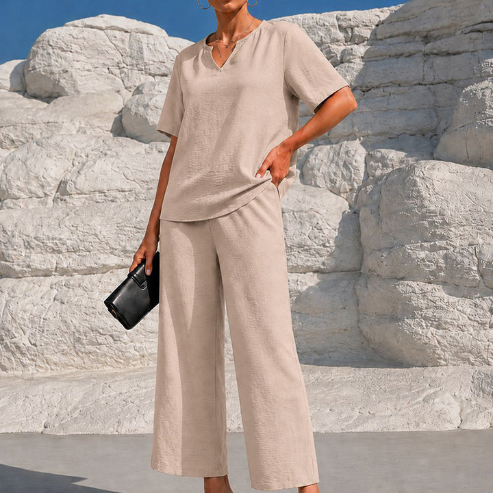 Solid-color V-neck short-sleeved top and cropped wide-leg pants set