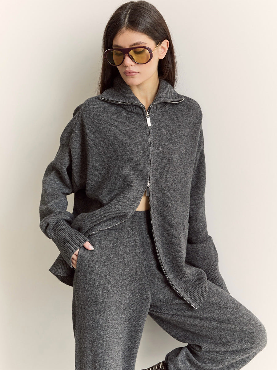 Collared knit top with two-way zipper and wide-leg trousers set