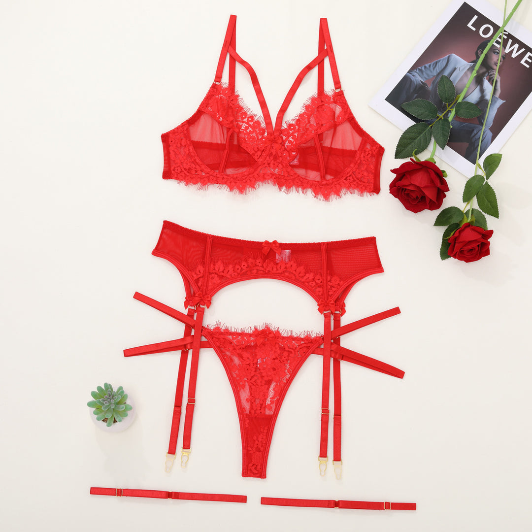 New lace see-through eyelash-trimmed suspender bodysuit