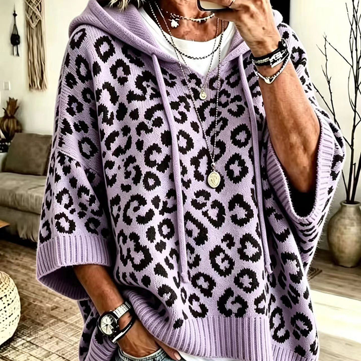 Leopard-print hooded knit sweatshirt/jacket (loose fit)