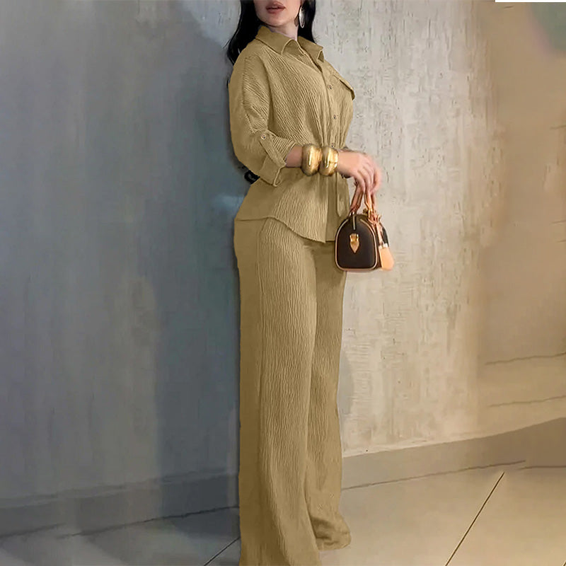 Women’s Collared Drawstring Top and Wide-Leg Pants Set