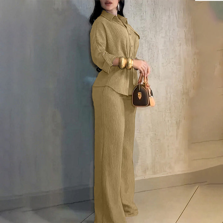 Women’s Collared Drawstring Top and Wide-Leg Pants Set