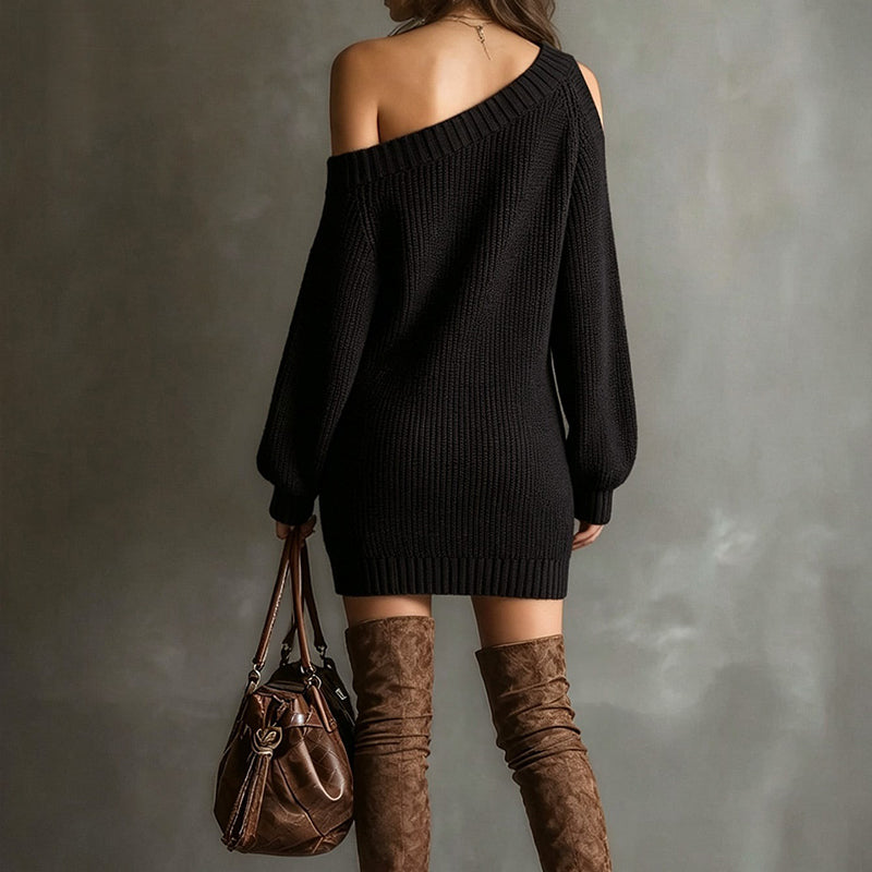 One-shoulder knit dress with loose lantern sleeves
