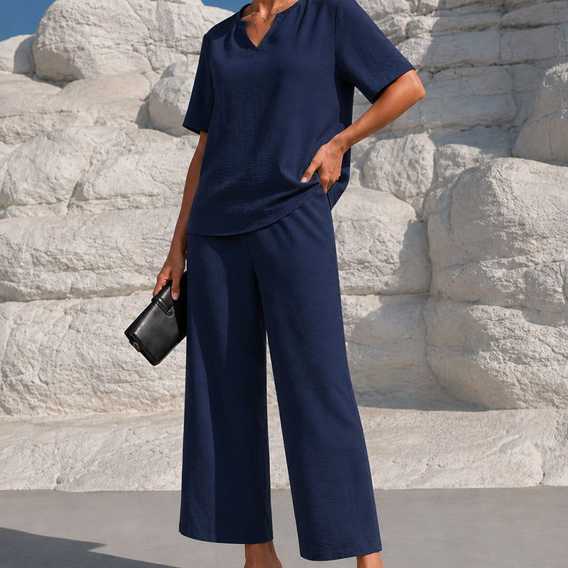 Solid-color V-neck short-sleeved top and cropped wide-leg pants set