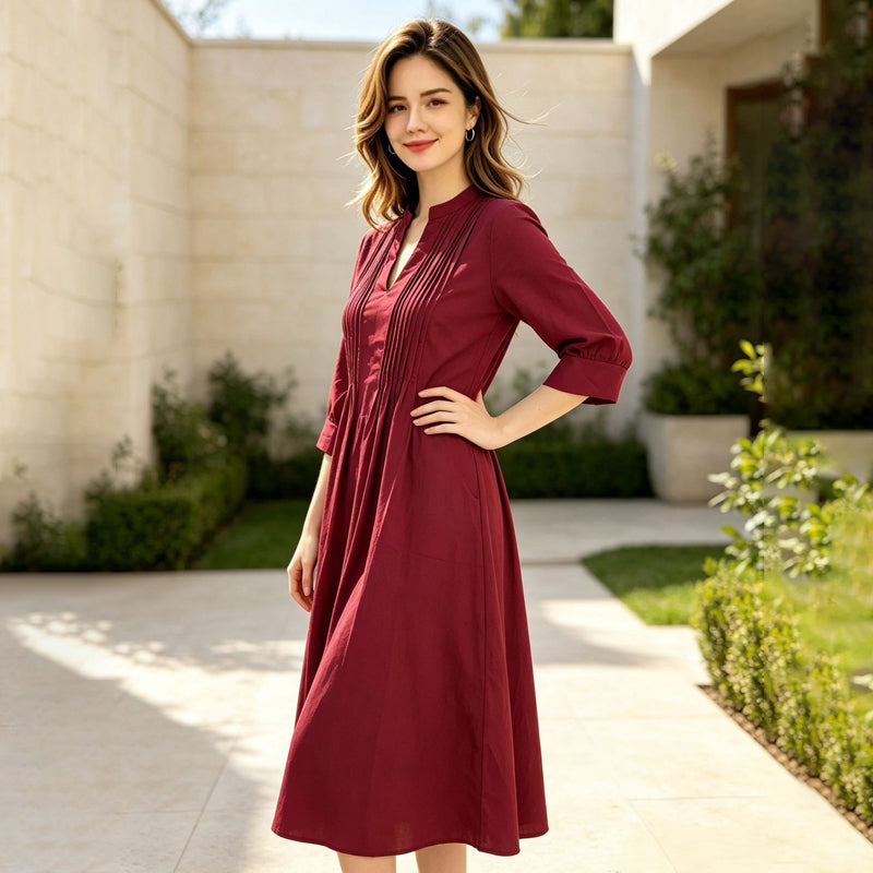 New French-style long-sleeved pleated dress