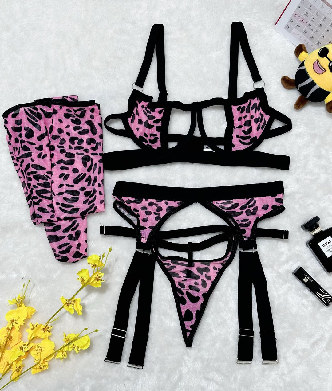 New Wild Leopard Print Lingerie Set + Stockings
