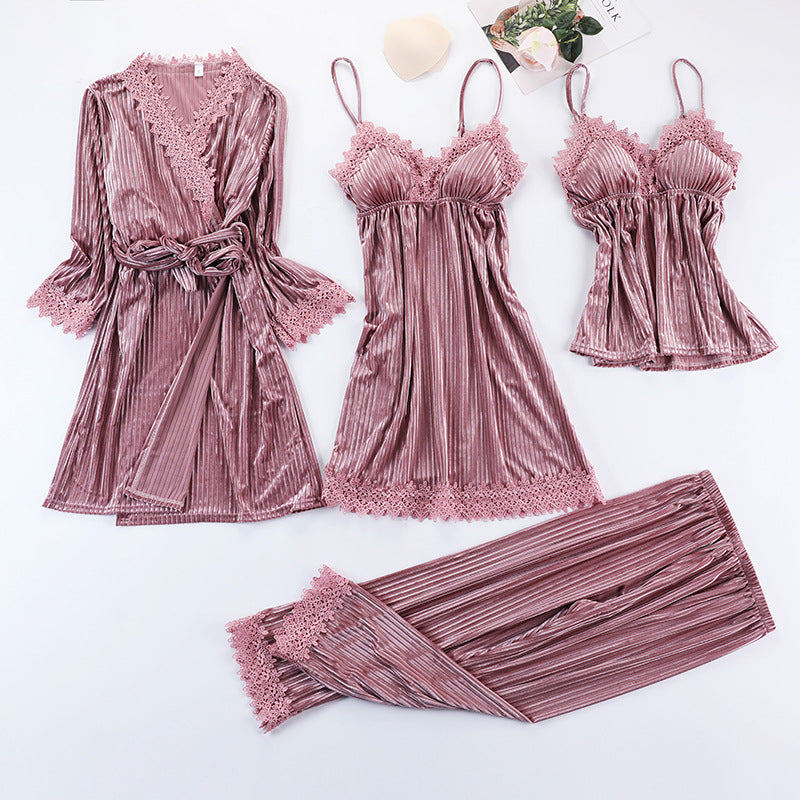 Four-piece golden velvet pajama set