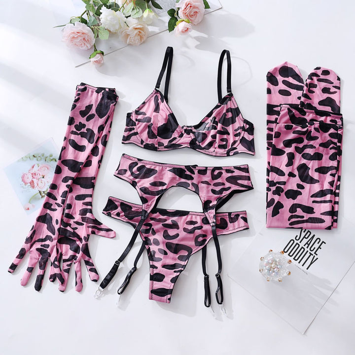 5-piece sexy lingerie set with gloves, stockings, and mesh print