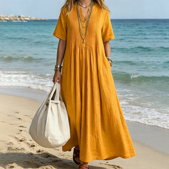New Loose-Fit Cotton-Linen V-Neck Short-Sleeve Pleated Dress