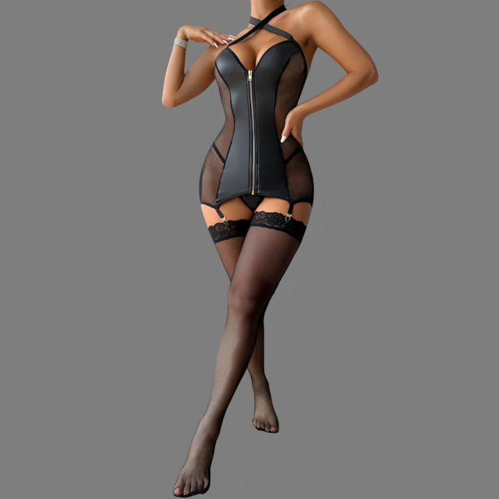 New PU leather zippered mesh see-through top
