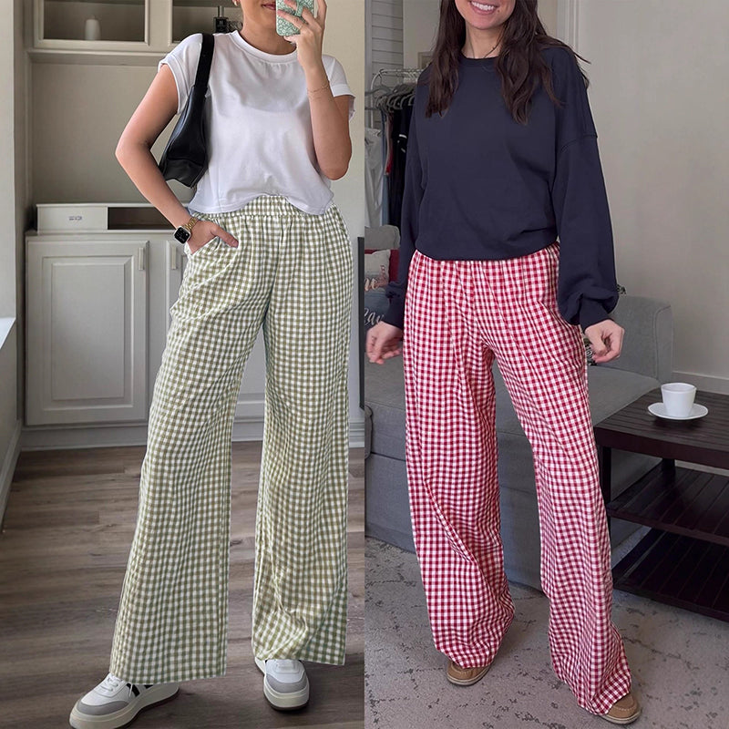 High-waisted, wide-leg plaid trousers—a stylish choice