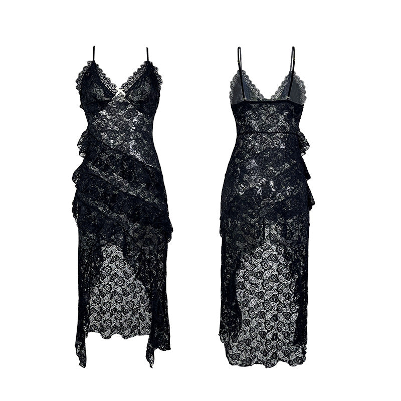 Lace deep V-neck thin strap nightgown
