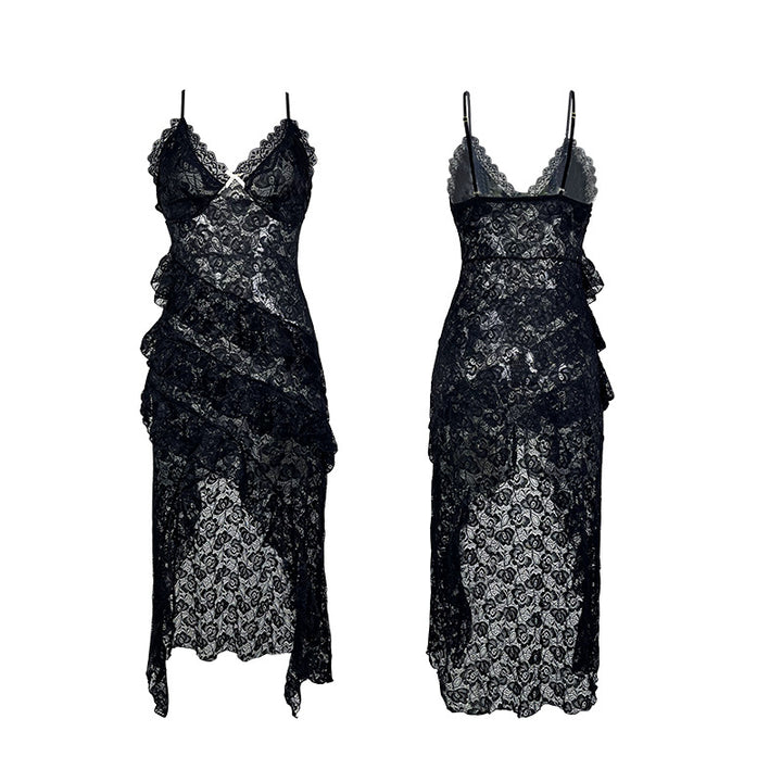 Lace deep V-neck thin strap nightgown