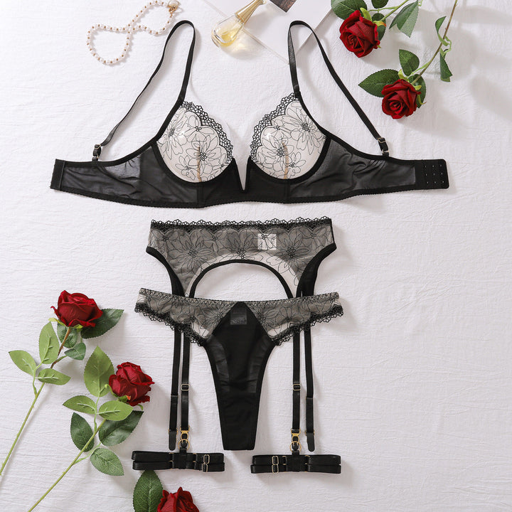 Sheer sexy four-piece set with light mesh embroidery
