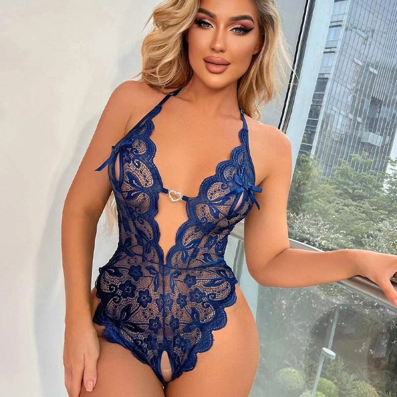 Sexy deep V crotchless one-piece pajamas