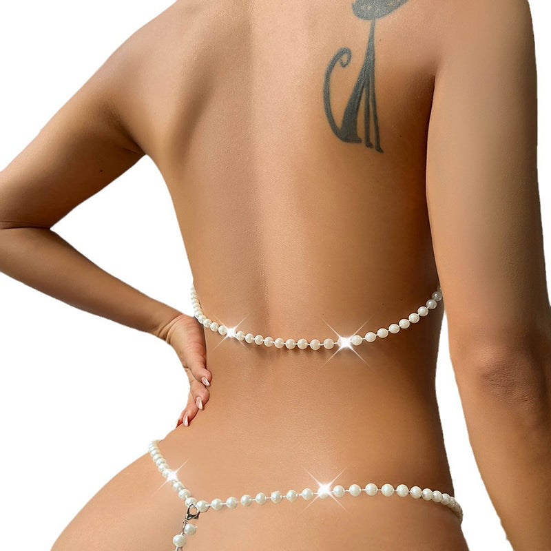 New Sexy Pearl-Embellished Halter Bikini Set