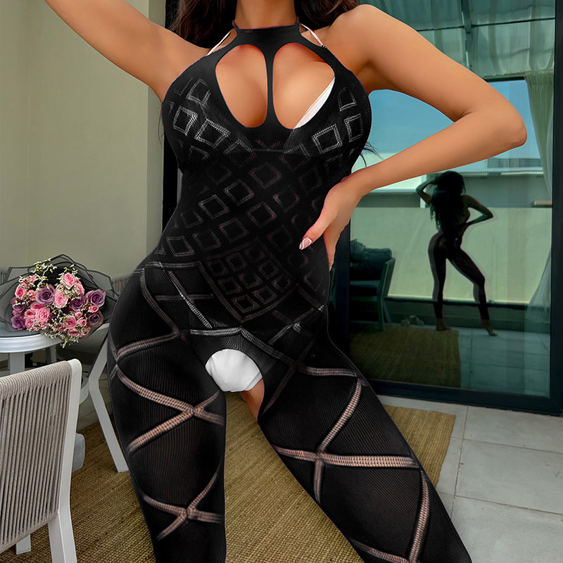 Form-fitting, backless, crotchless bodysuit