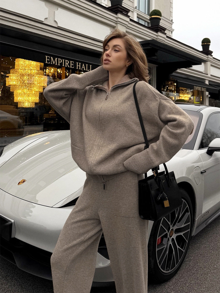 Collared knit top with two-way zipper and wide-leg trousers set