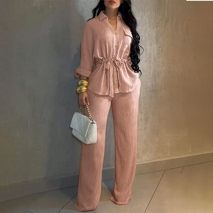 Women’s Collared Drawstring Top and Wide-Leg Pants Set