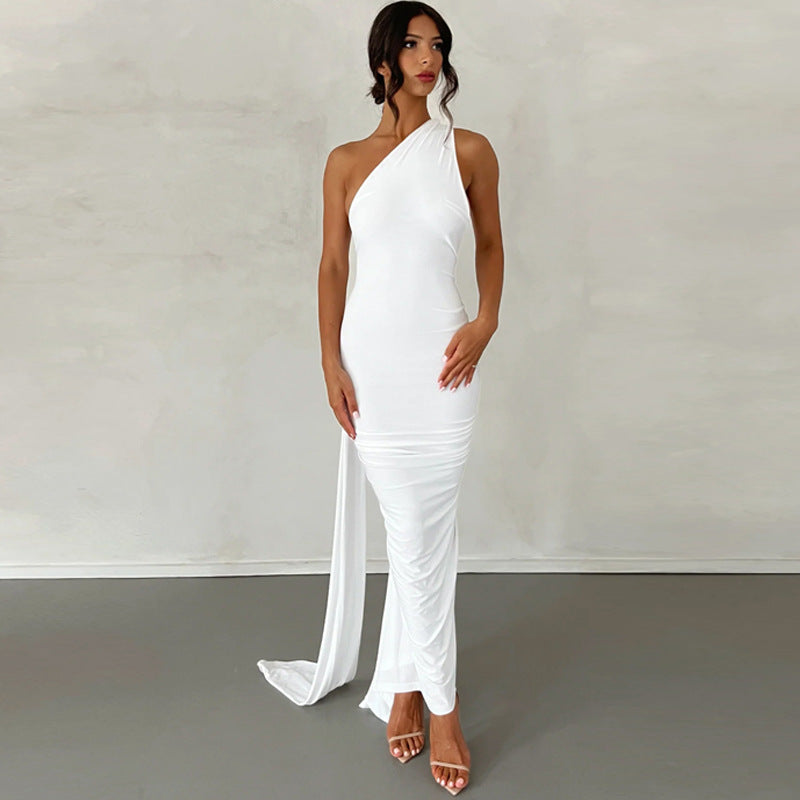 Sexy rückenfreies, plissiertes, schlankes, einfarbiges, ärmelloses, elegantes Kleid