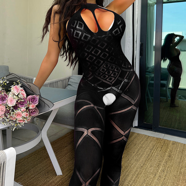 Form-fitting, backless, crotchless bodysuit