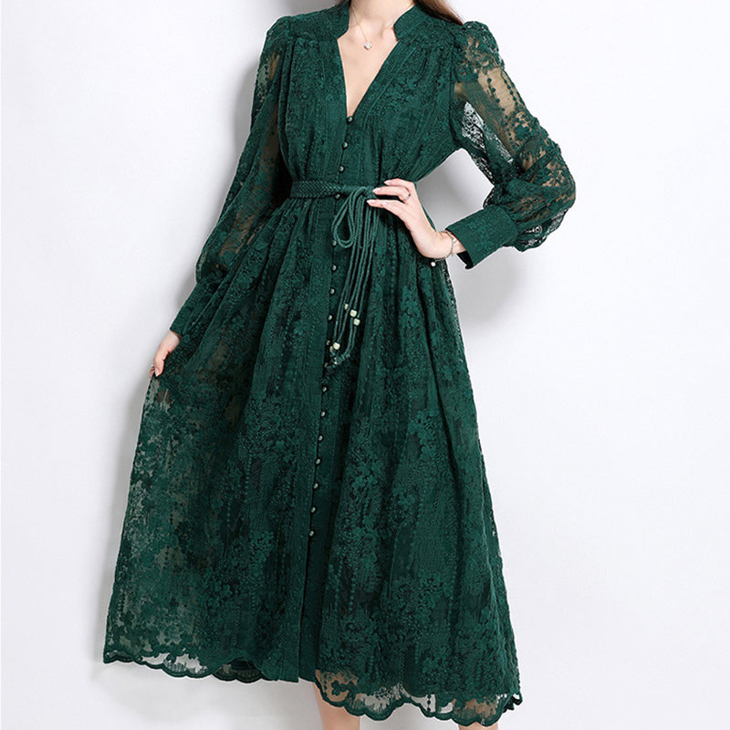French-style embroidered V-neck dress with lantern sleeves