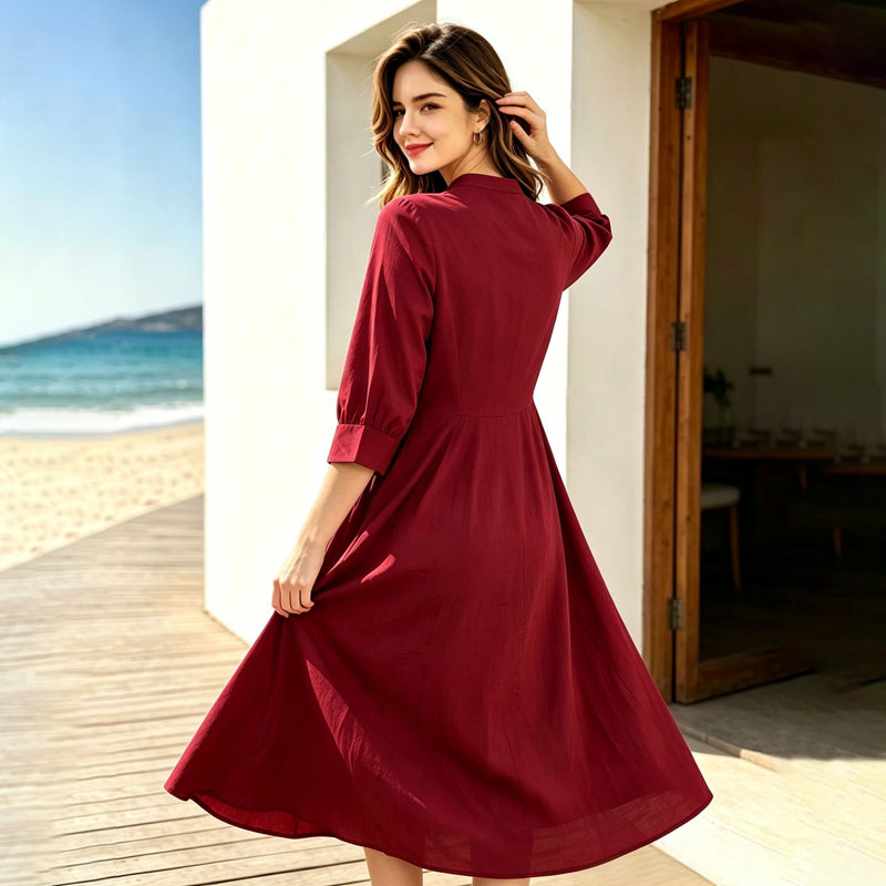 New French-style long-sleeved pleated dress