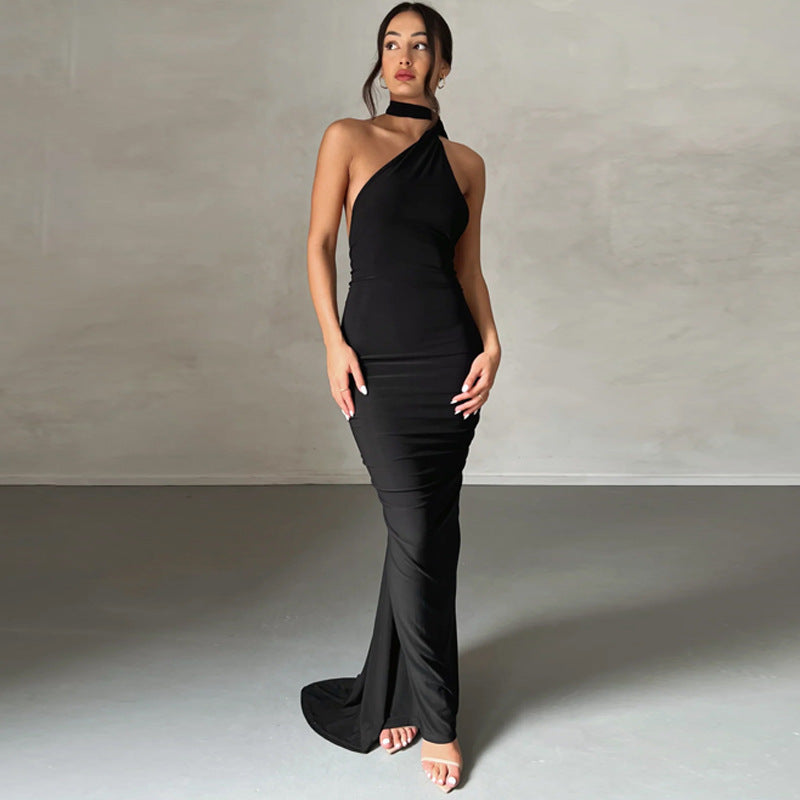 Sexy rückenfreies, plissiertes, schlankes, einfarbiges, ärmelloses, elegantes Kleid