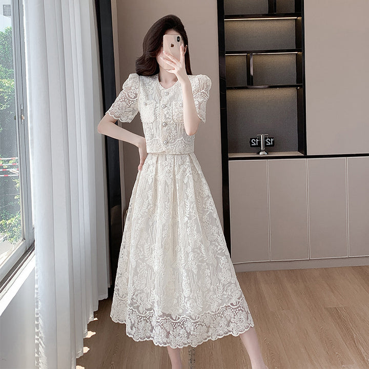Beaded lace top and high-waisted, full-skirted midi skirt set
