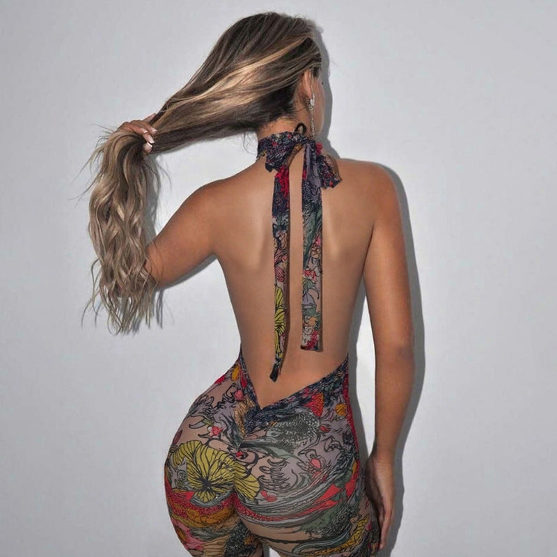 New leopard print tight-fitting backless jumpsuit