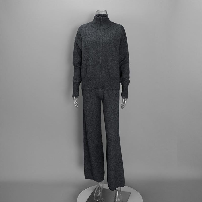 Collared knit top with two-way zipper and wide-leg trousers set