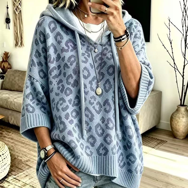 Leopard-print hooded knit sweatshirt/jacket (loose fit)