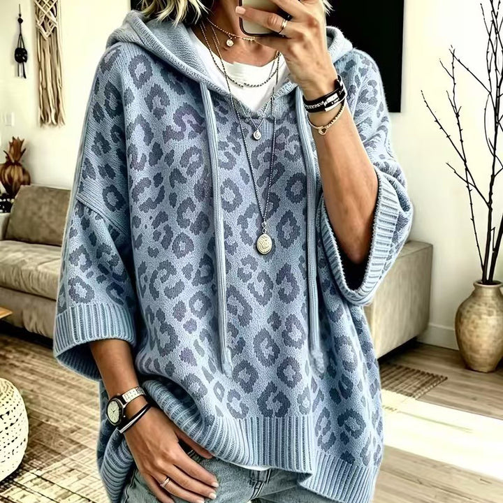 Leopard-print hooded knit sweatshirt/jacket (loose fit)