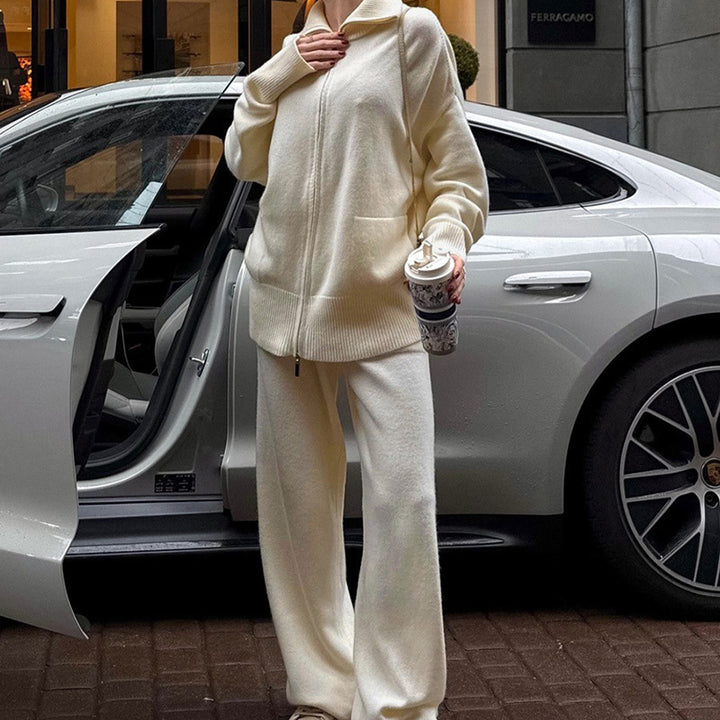 Collared knit top with two-way zipper and wide-leg trousers set