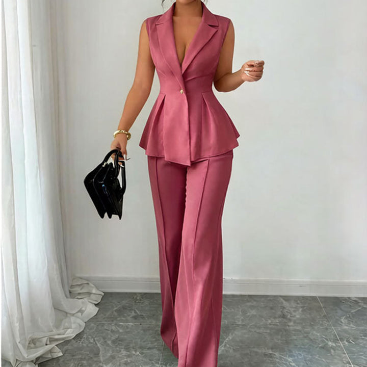 Stylish Deep V-Neck Sleeveless Pleated Top and Wide-Leg Pants Set