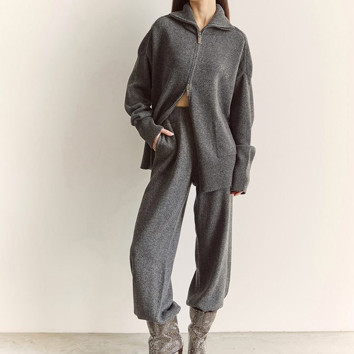 Collared knit top with two-way zipper and wide-leg trousers set