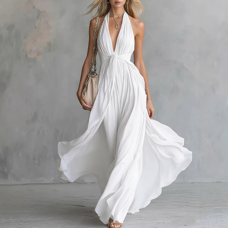 New sexy solid-color V-neck sleeveless waist-cinching dress