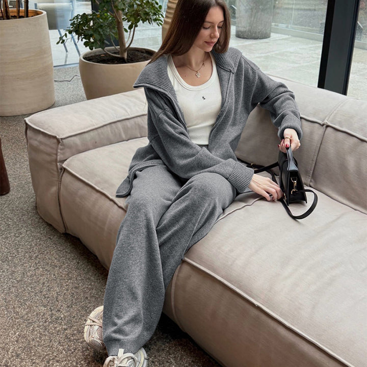 Collared knit top with two-way zipper and wide-leg trousers set