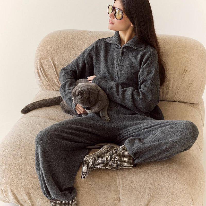 Collared knit top with two-way zipper and wide-leg trousers set