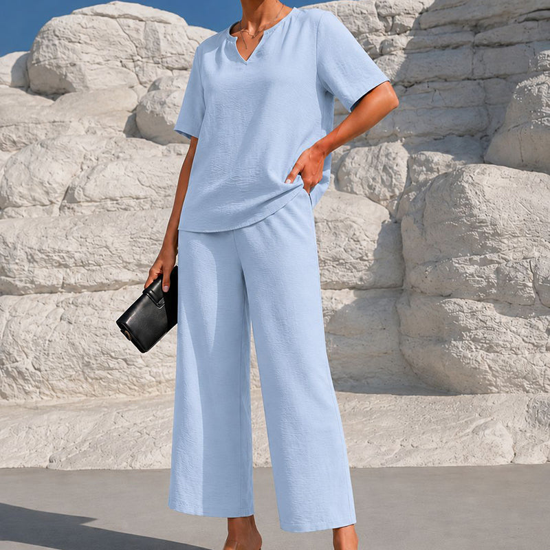 Solid-color V-neck short-sleeved top and cropped wide-leg pants set