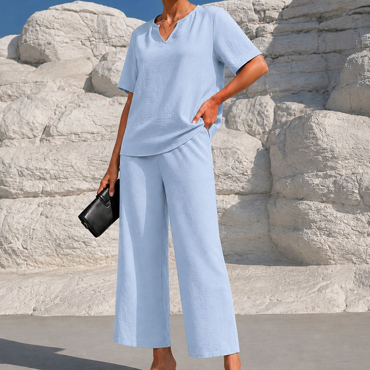 Solid-color V-neck short-sleeved top and cropped wide-leg pants set