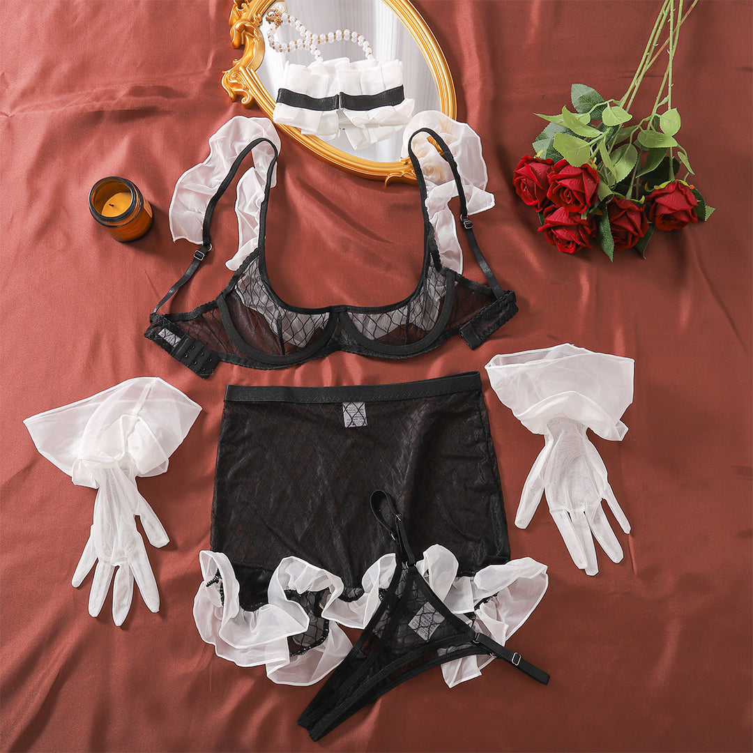 Sexy maid outfit with sheer mesh, five-piece set.