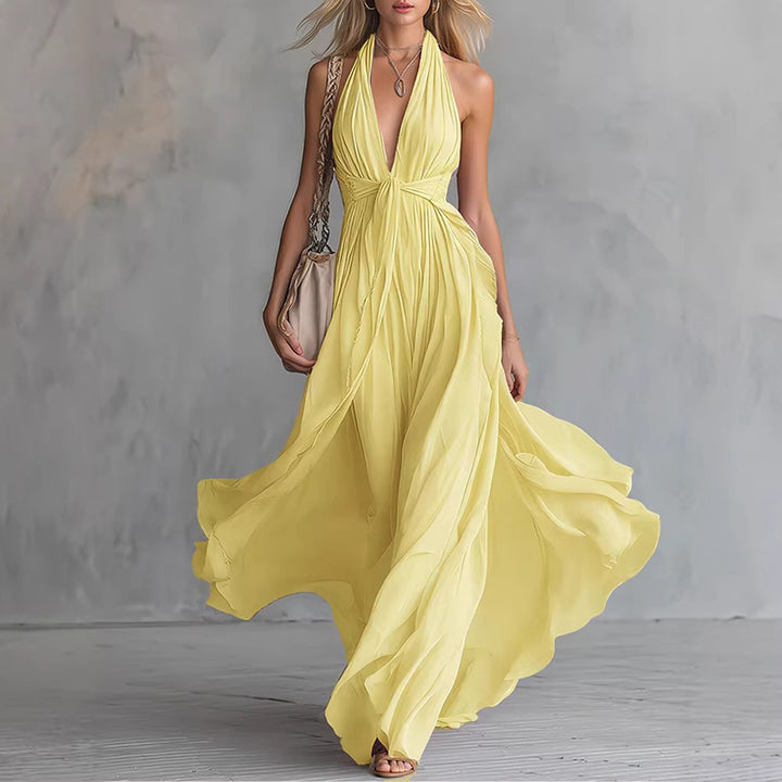 New sexy solid-color V-neck sleeveless waist-cinching dress