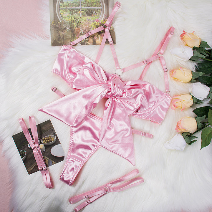 Sexy cut-out bow lingerie three-piece set