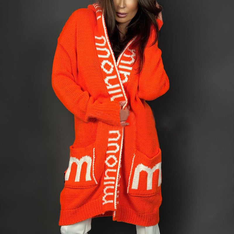New Autumn/Winter Long Hooded Letter-Pattern Knit Cardigan