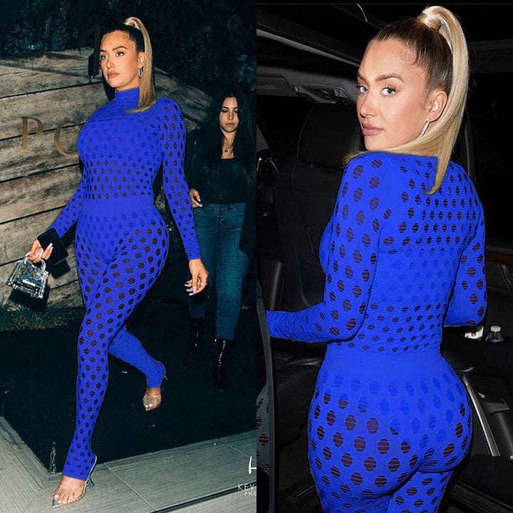 Sexy high-neck ripped knitted mesh breathable suit