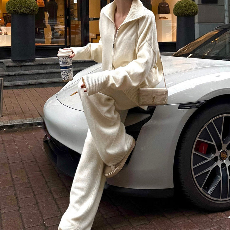 Collared knit top with two-way zipper and wide-leg trousers set