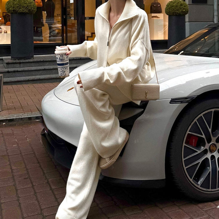 Collared knit top with two-way zipper and wide-leg trousers set